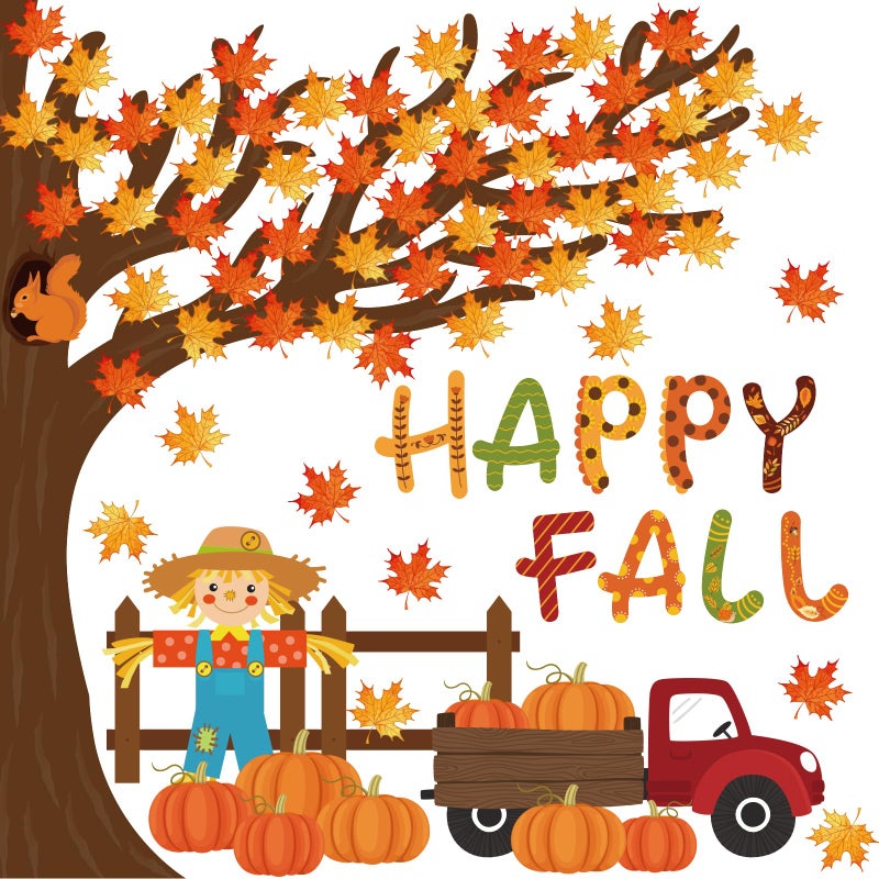 Whaline 100Pcs Happy Fall Bulletin Board Decorations Fall Tree Maple Leaf Pumpkin Scarecrow Cutouts Thanksgiving Autumn Classroom Decor with Glue Points for Home School Chalkboard Wall Decor - Image 1